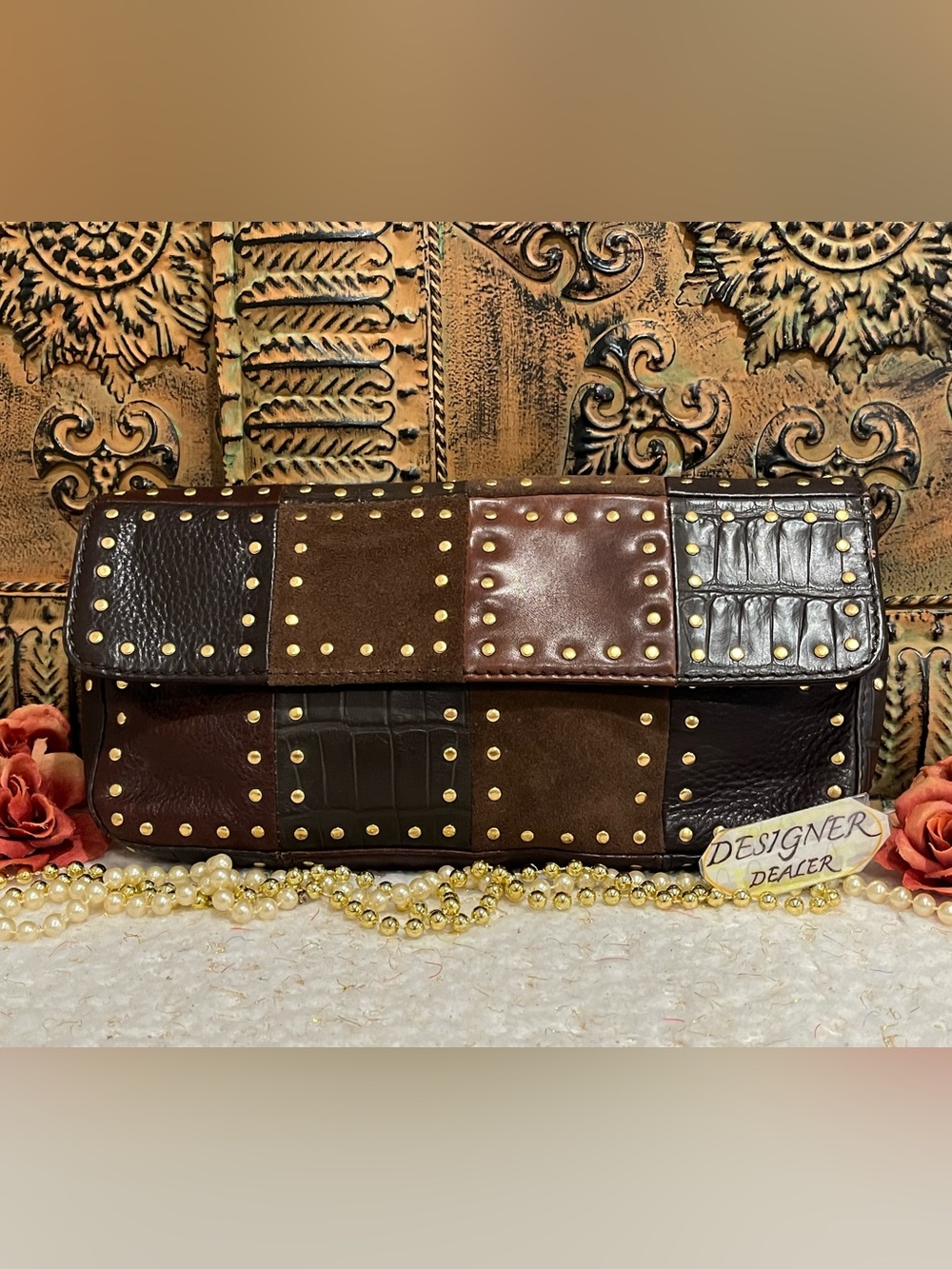 Michael Kors Vintage Brown Leather/Suede Patchwork Stud Clutch VGC!